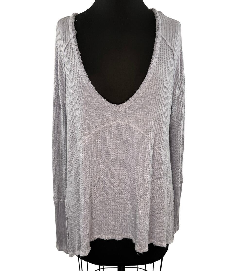 Free People Sunset Park Light Purple Top Distressed Waffle Knit V-Neck Small S